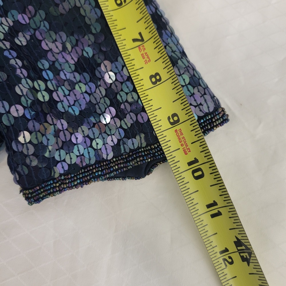Vintage 100% Silk Blue Iridescent Sequin Beaded Mini Dress Short Sleeve Small - Picture 5 of 15